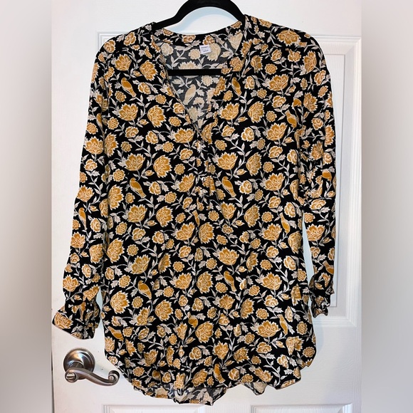 Old Navy Black and Yellow Long Sleeve Floral Blouse Large - Picture 1 of 3